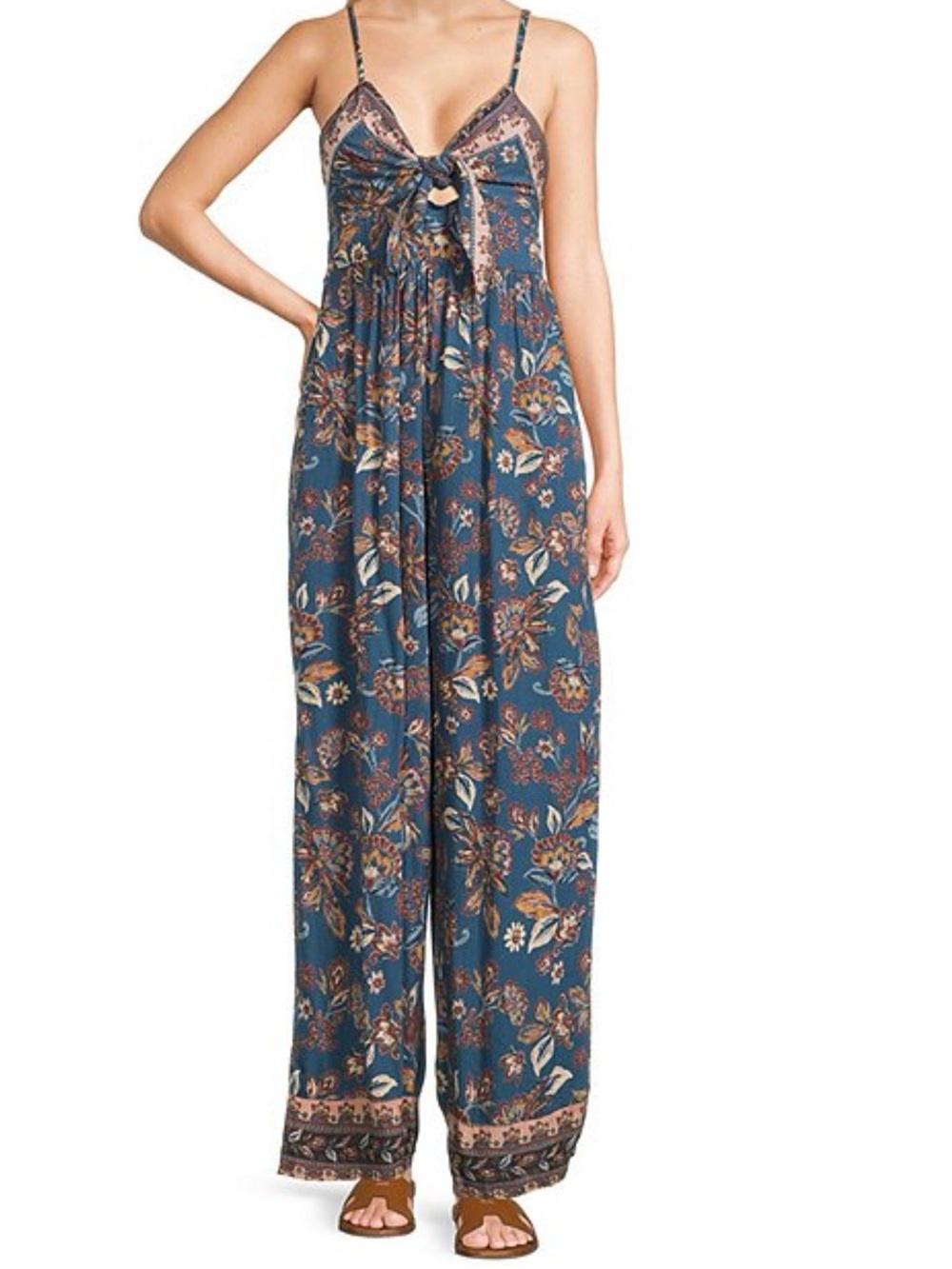 Angie Sleeveless Border Print Keyhole Knot Front Wide Leg Jumpsuit, Medium
